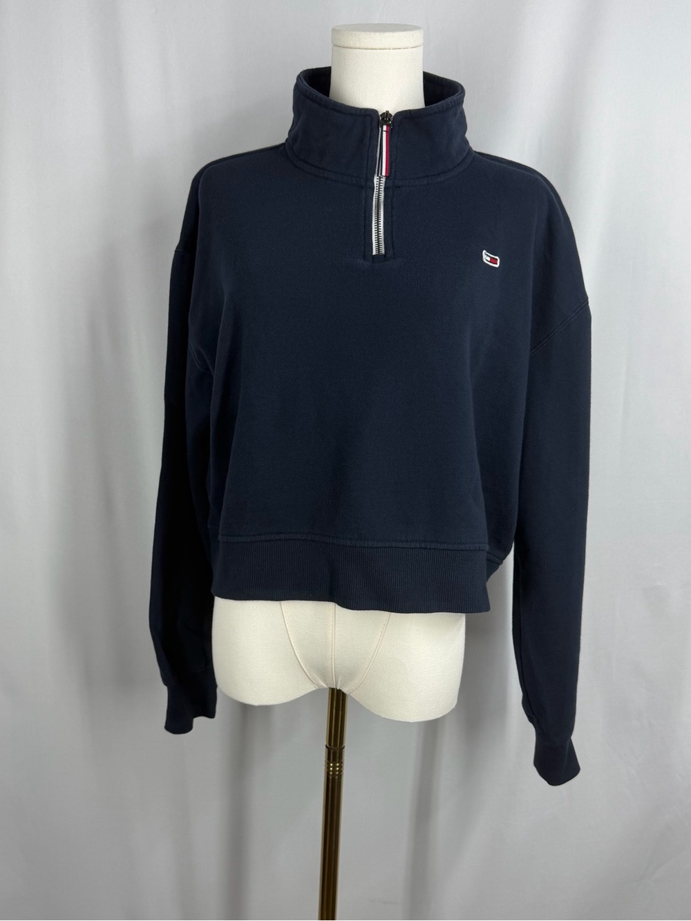 Tommy Hilfiger Women's 1/4 Zip Fleece Cropped Pullover Navy Size XL